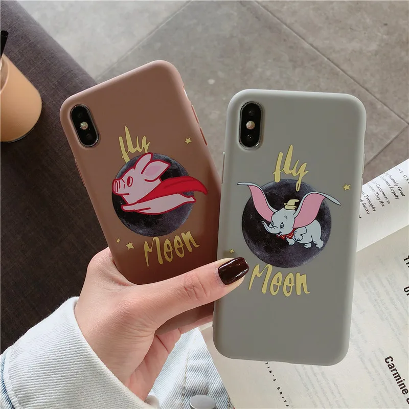 

Cute Cartoon Dumbo Pig Elephant logo moon Phone Case For iphone Xs MAX XR X 6 6s 7 8 plus Candy Painted Soft TPU back Cover