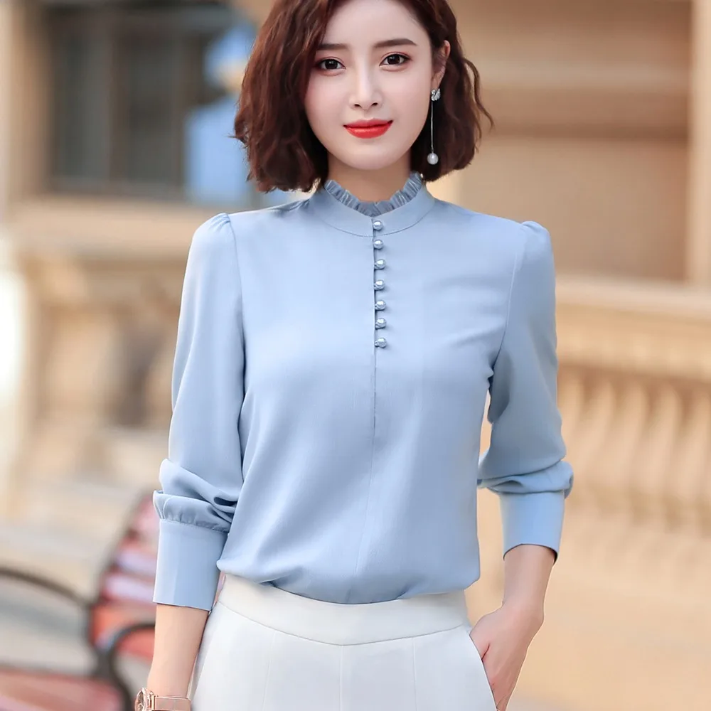 

New Women Full Sleeve Beading Blouse Shirt Elegant Office Lady Work Wear Business Style S-4XL Stand Collar Tops