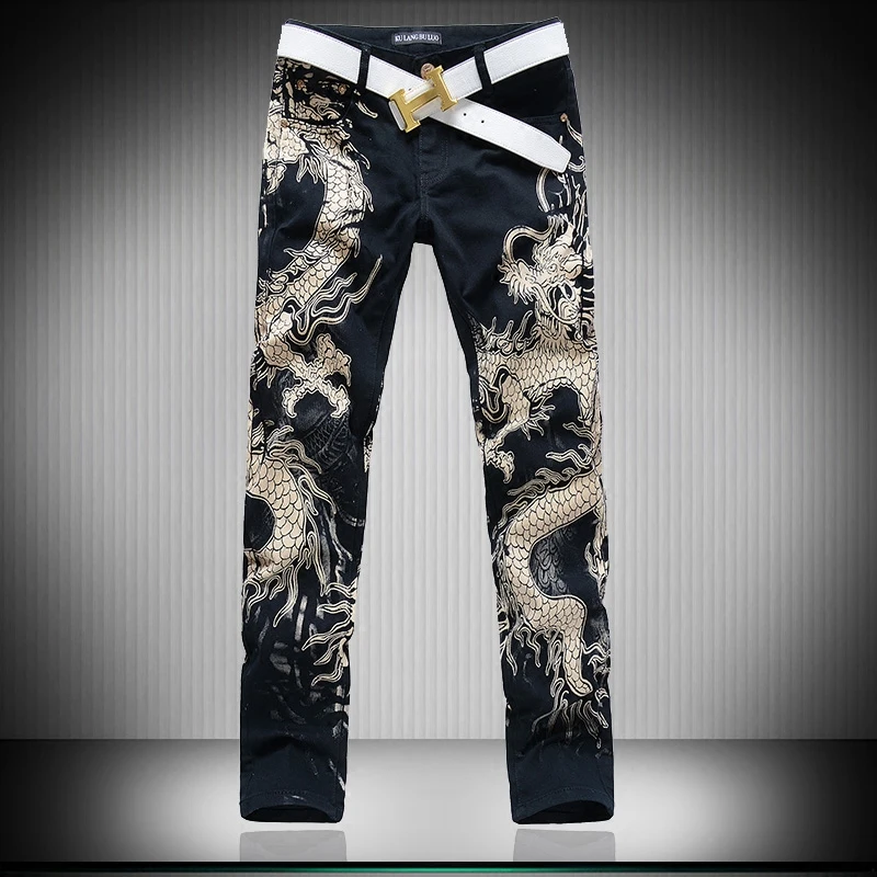 3D Wolf Dragon Leapord Print Jeans Men Skinny Jeans Men Black Jeans