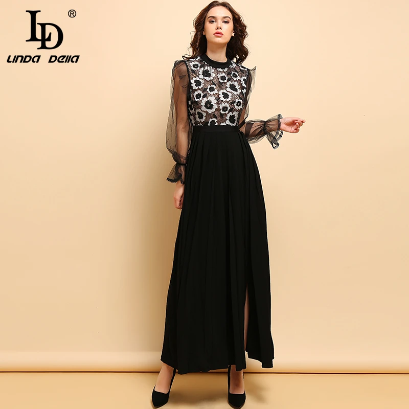 

LD LINDA DELLA Autumn Fashion Runway Maxi Long Dress Women's Mesh Long Sleeve Floral Embroidery Vintage Side Slit Party Dresses