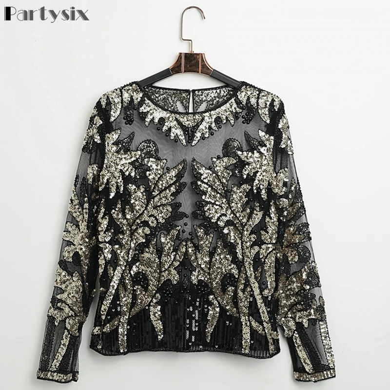 Partsix Sexy Sequined embroidery Gold Flower Shirt