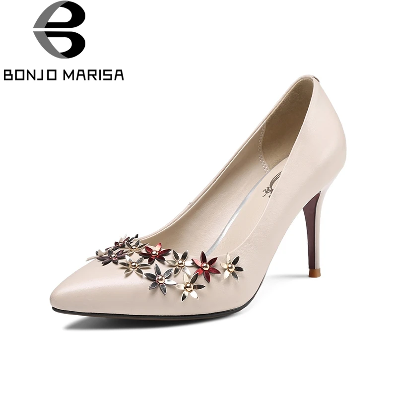 

BONJOMARISA 2018 Spring Autumn Elegant Genuine Leather Women Flower Pumps Fashion Lady Ol High Heels Shallow Shoes Woman
