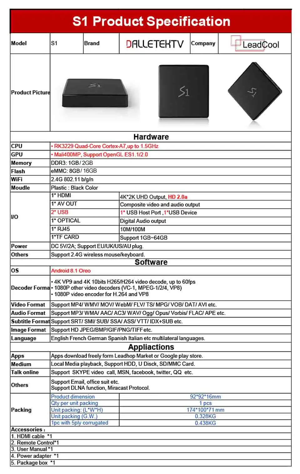 Leadcool S1 Android 8.1 TV Box RK3229 Mali400MP 1G8G 2G16G Support 2.4G wifi Ethernet 100M HDMI 2.0 Media Player for TV Box 4K (8)