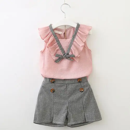 

Summer Kids Baby Girl clothes cotton Sleeveless Tops Shirt+Plaids Shorts 2pcs Clothes Set