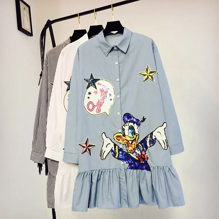

2018 Spring New College Wind Women's Lotus Leaf Edge Cartoon Sequin Patched Shirt Dress Casual Long Sleeve Loose Vestidos