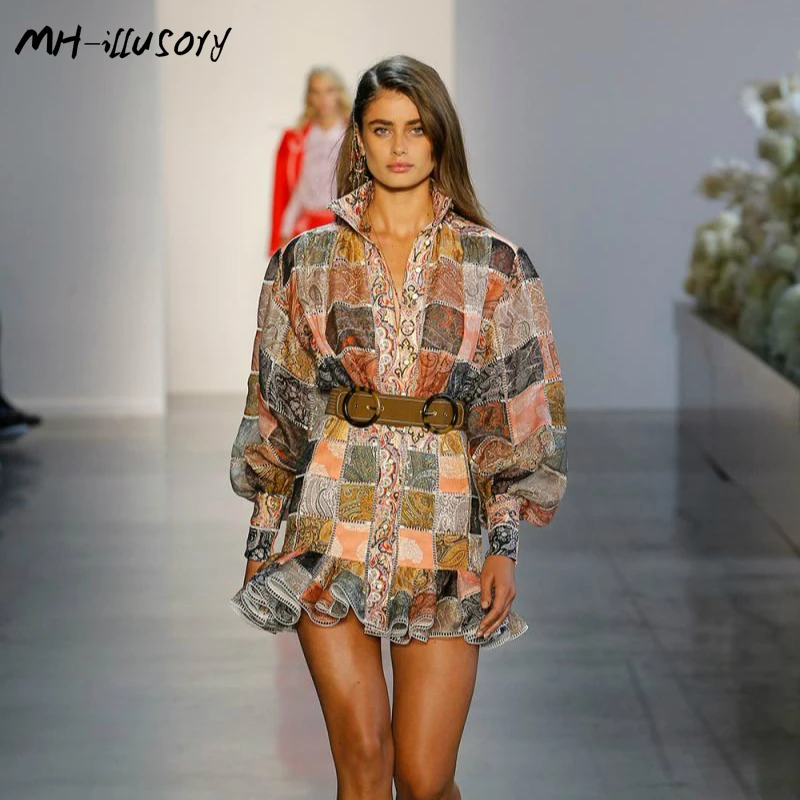 

MH-illusory 2019 Print Dress Women Vintage Stand Collar Long Lantern Sleeve Sashes Slim Summer Mini Dresses Female Fashion New