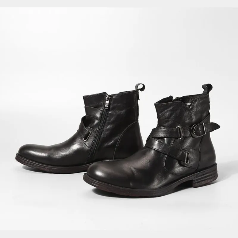 Black Cuir En Zip Boucle Marque Bout Boot De Côté Noir Rond Décontracté Brun Bottines Luxe Rétro D'affaires Véritable Hommes Chaussons brown Moto nwON80kXZP