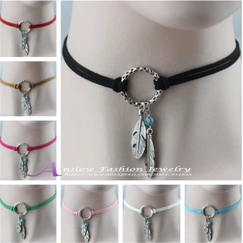 

Anslow 2017 New Design Stylish Wholesale Feather Faux Suede Double Choker Collar Necklaces Pendant Necklaces for Women Girl D001