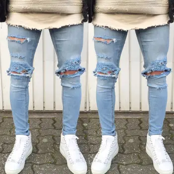 

Fashion Men's Slim Moto Biker Denim Jeans Skinny Frayed Long Full Pants Distressed Ripped Pencil Trousers Leggings Pantalon New