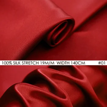 

SILK STRETCH SATIN 140cm width 19momme Pure Silk Fabric Satin+Spandex Fabrics Fashion Fabric Dress Silk China Red NO 01