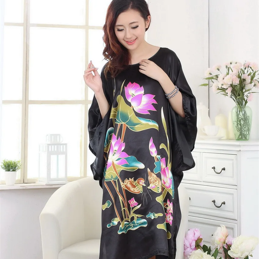 

Plus Size Black Women's Summer Lounge Robe Lady New Sexy Home Dress Rayon Nightgown Large Loose Sleepwear Bathrobe Gown