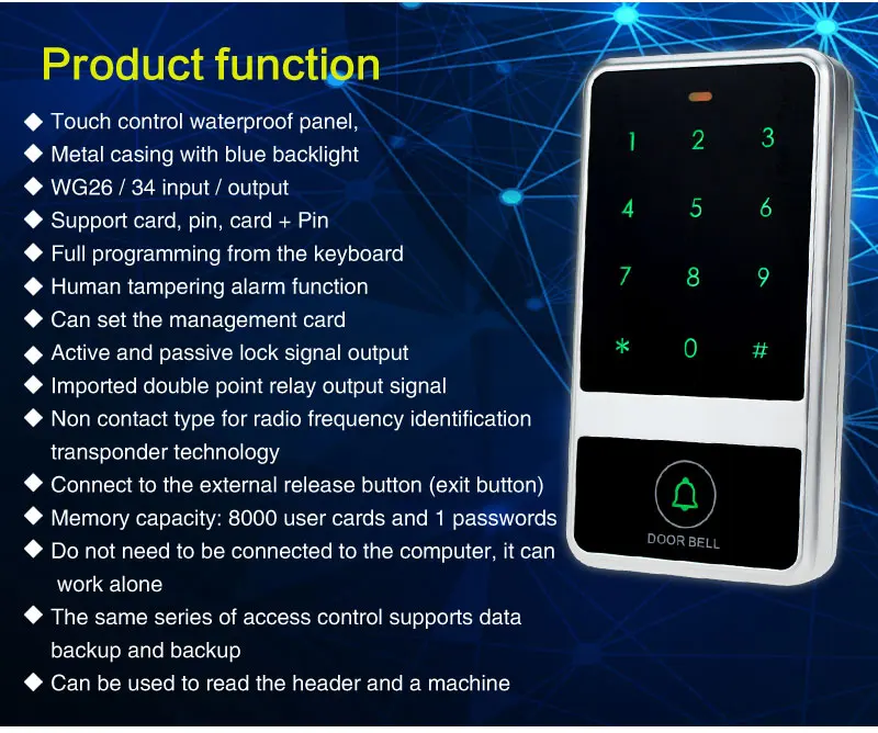 8000 пользователей карты водонепроницаемый Управление доступом клавиатуры Электрический touch металла дверные замки+ 10 RFID брелоки для двери Система контроля доступа