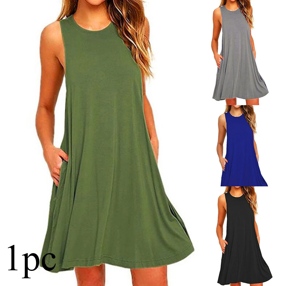

Sleeveless Large Swing With Pockets Pullover Summer Shopping Crew Neck Solid Color Daily Women Dress A Line Knee Length Travel