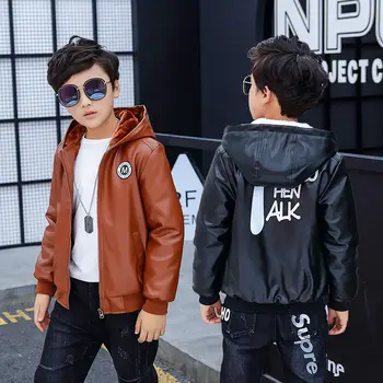 

INS hot children PU jacket, 2-13 year old fashion Hooded print plus velvet leather jacket Boy's leather jacket casual top