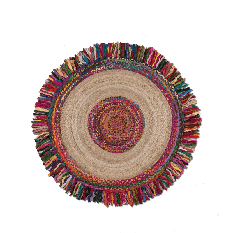 

Ins hot Kilim jute handmade round Carpet geometric Bohemia morocco Indian Rug plaid striped Modern design Nordic style living