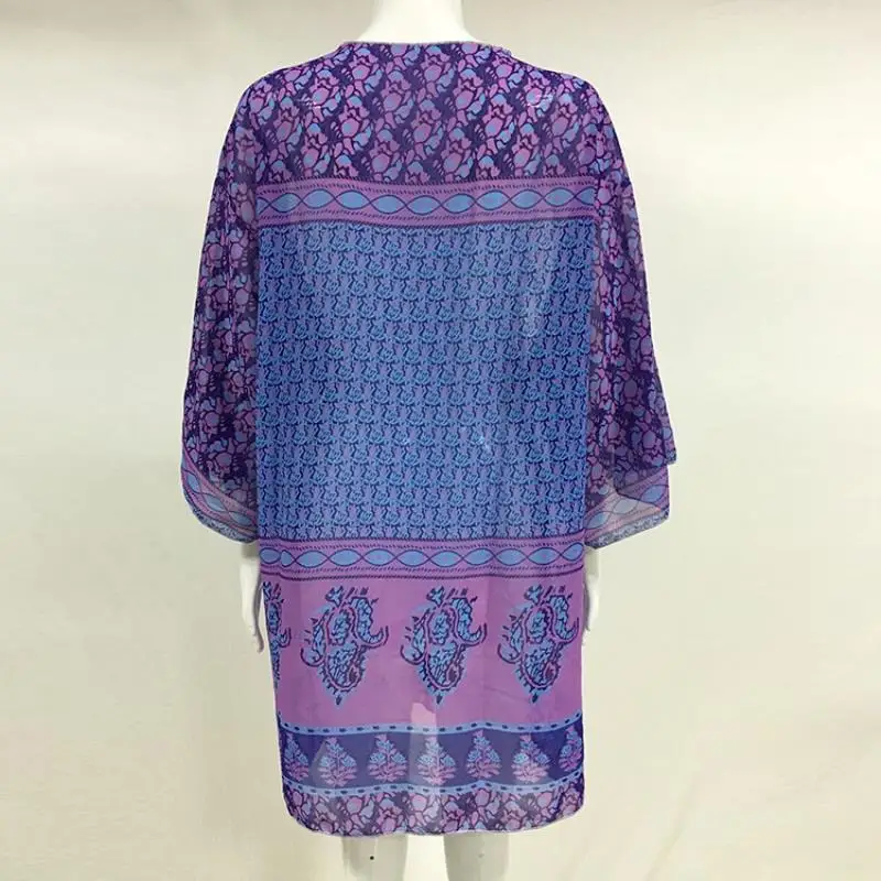 Women's V-neck fresh and sweet ethnic style collar bohemian beach chiffon printed blouse loose casual office femme blouse shirt