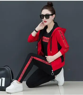 Спортивный костюм для женщин, комплект из 3 предметов, вязаный пуловер с капюшоном, спортивный костюм, Женская весенне-осенняя молодежная одежда для женщин, K4544 - Цвет: Red