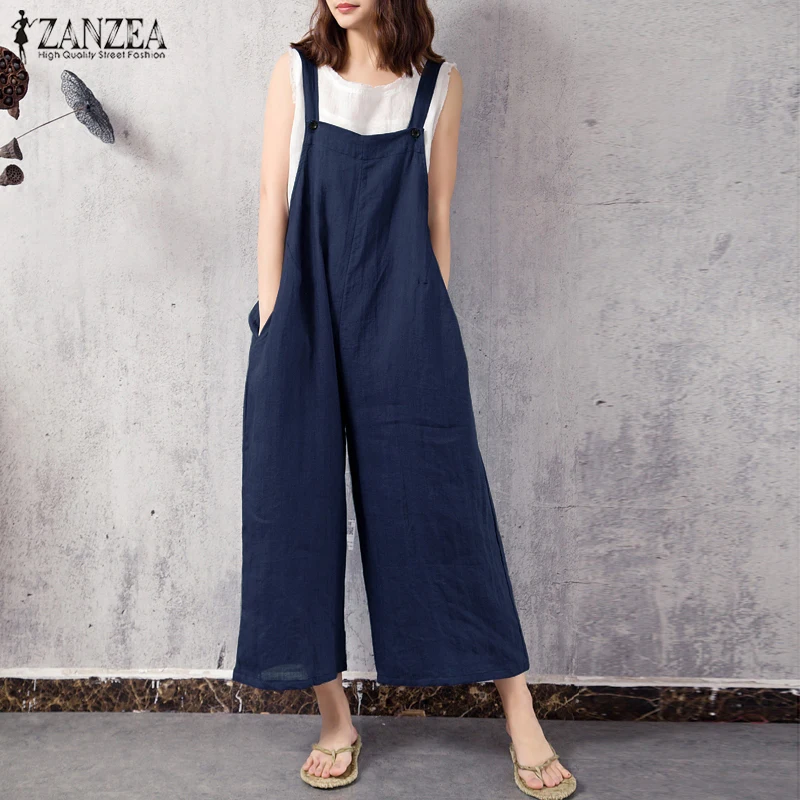 Oversized ZANZEA Women Cotton Linen Jumpsuits Strappy Pockets Casual