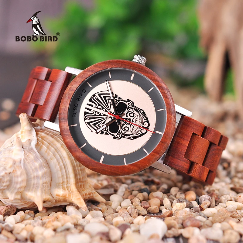 BOBO BIRD Unique Men Watch Wooden Quartz Wrist Watch Skull Skull Head for Mens in wood Box erkek kol saati