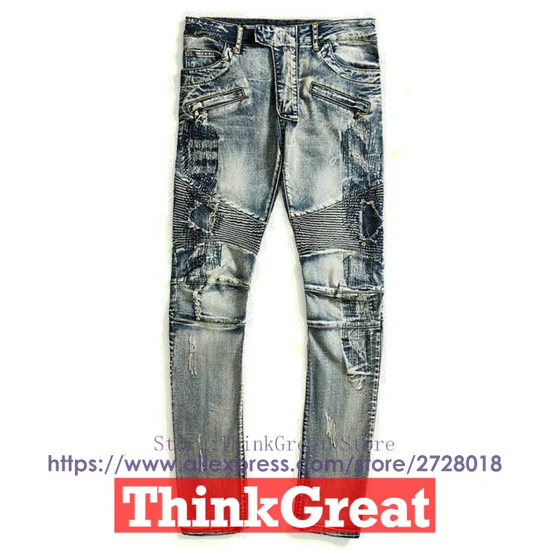 

Free  2016 New Balm Men Blue Washed retro ripped Jeans Holes Pacth Sutures Knee Level Folds homme Brand Clothing