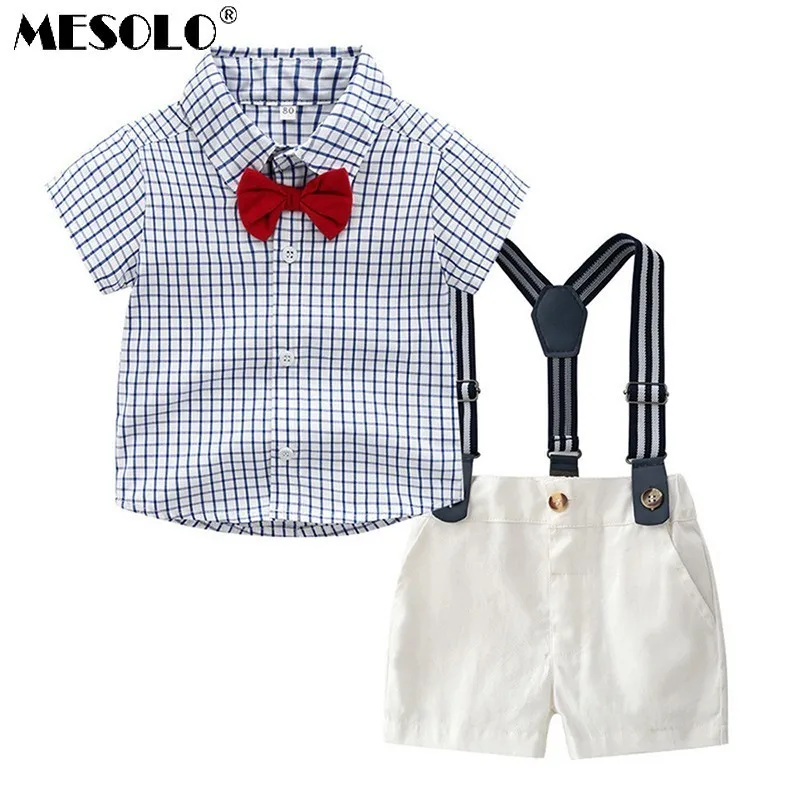 

MESOLO Spring and summer new cotton boy bow tie gentleman strap shorts plaid shirt European and American children's suit