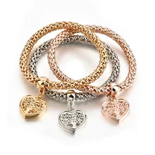 Drop Shipping 3pcs Set 2019 New Design Heart Hollow Out Tree Charm Bracelet Vintage Gold Elastic Bracelets For Women SBR170118MT stylish rhinestone hollow out elastic bracelet for women