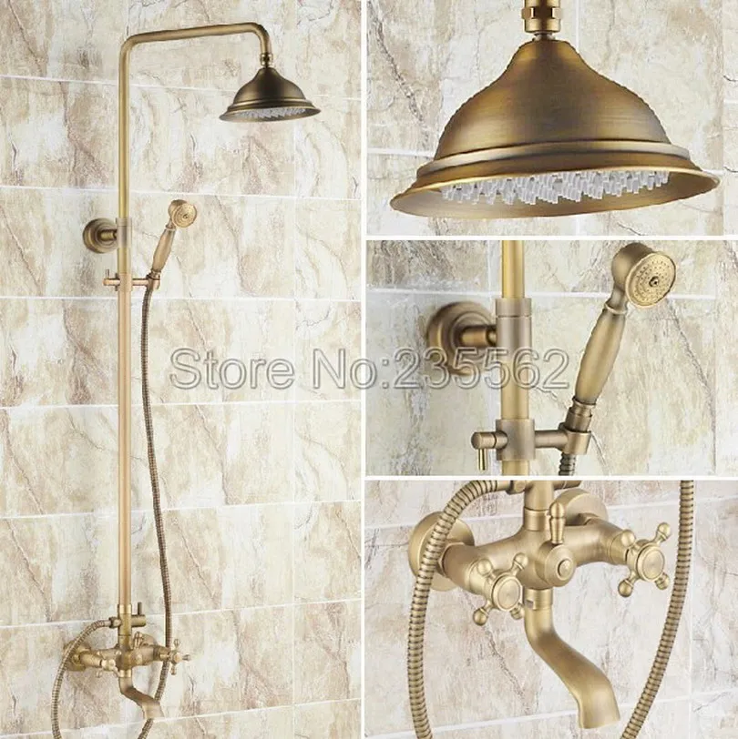 

Bathroom Rain Shower Set Antique Brass Wall Mounted Bath Shower Faucets with Hand Shower Wall Mounted Lrs123