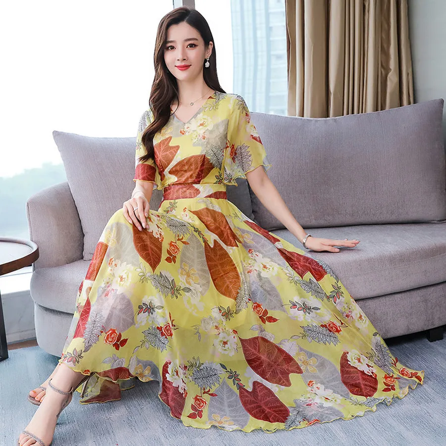 Summer New Floral Chiffon Boho Maxi Sundress 2019 Vintage 3XL Plus Size Print Beach Dresses Women Bodycon Elegant Party Vestidos