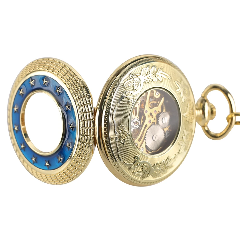Vintage Star Round Carving Mechanical Hand Winding Pocket Watch Men Gold Hollow Pendant Chain HandRound Clock Steampunk Watches1 (8)