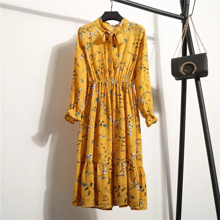 24 Types Floral Print Dresses Women Autumn Chiffon Dress Casual Bowknot O-Neck Long Sleeve Vestidos Mujer Retro Robe Femme Dress (19)