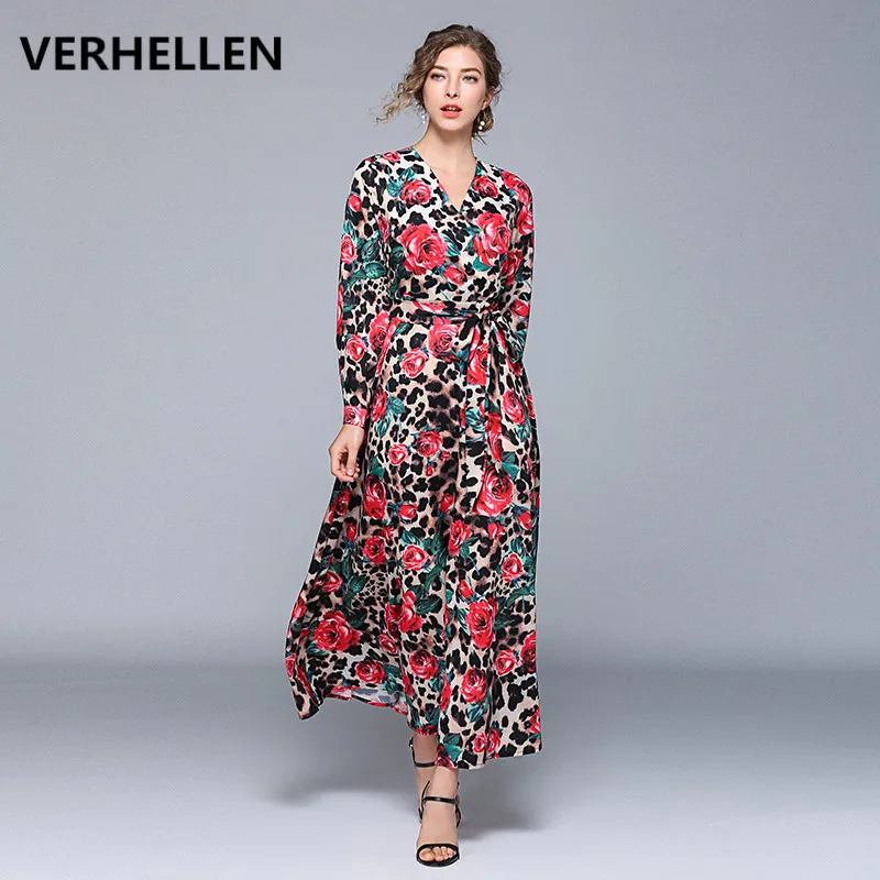 

High Quality Fashion Runway Maxi Dresses 2019 Autumn Women's Long Sleeve Rose Floral Leopard Print Elegant Holiday Long Dress