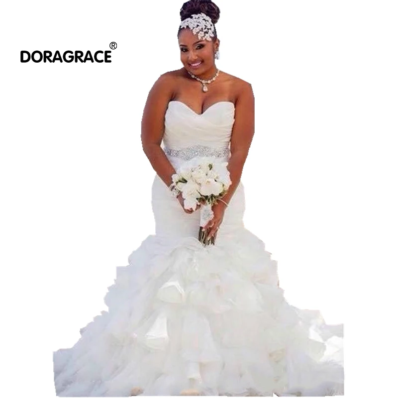 

Doragrace vestido de noiva Sweetheart Sleeveless Lace Up Mermaid Wedding Gown Organza Ruffles Plus Size Bridal Dresses