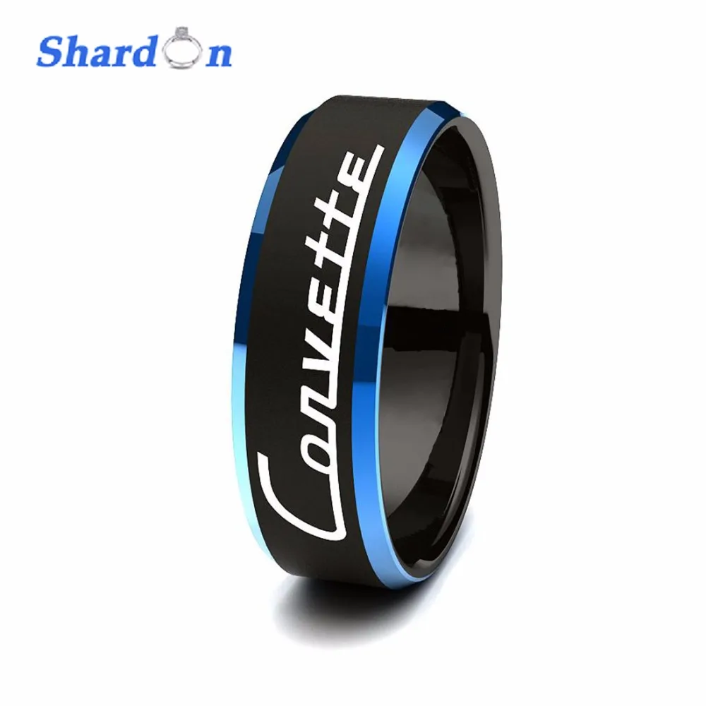 

SHARDON 8mm Black Beveled Two-Toned Tungsten Carbide comfort fit laser Chevrolet Chevy Corvette design Outdoor Ring for Men