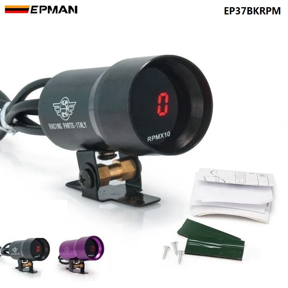 EPMAN 37mm Smoke Tach RPM Tachometer Red Digital Shift Light Style