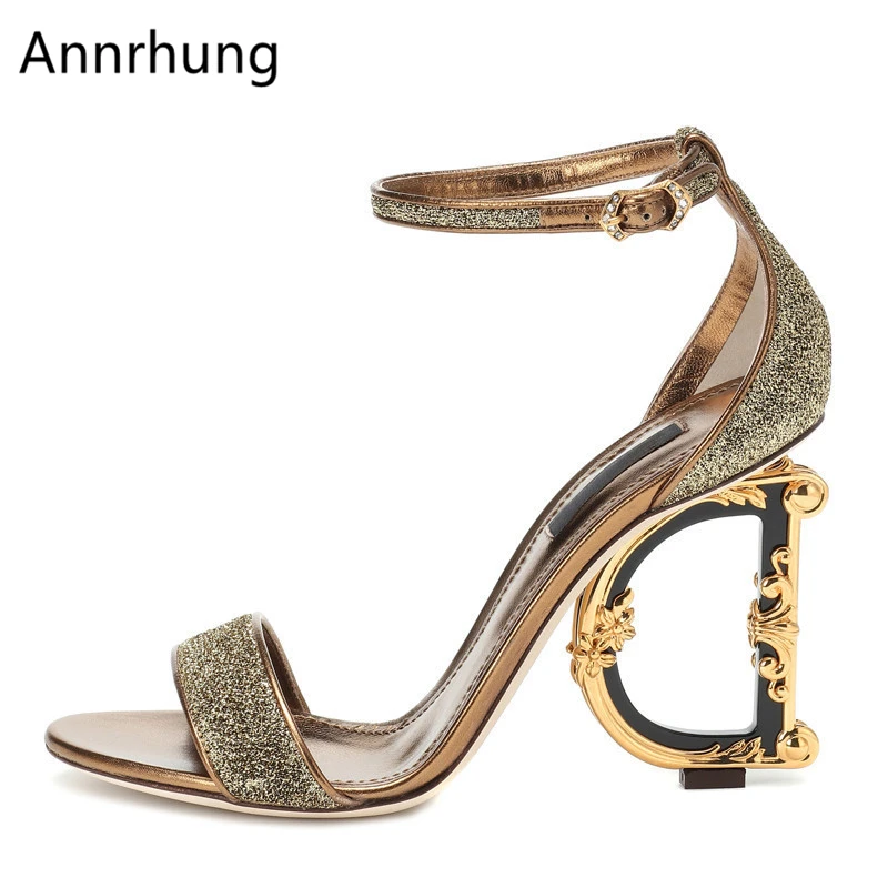 

Luxury Asymmetrical Metal Strange Heel Sequin Sandals Women Sexy Open Toe One-Strap Summer High Heels Catwalk Sandalias De Mujer