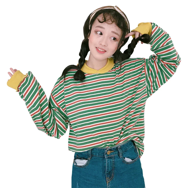 2019 Женская японская панк Harajuku Ulzzang Корейская полосатая свободная хлопковая