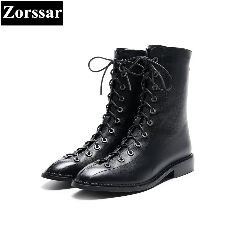 

{Zorssar} 2018 NEW fashion women Motorcycle boots Genuine leather comfort Low heel lace-up Mid-Calf boots winter women shoes