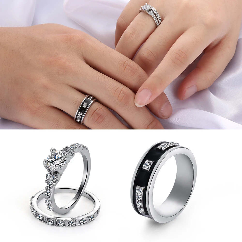 

1 Set Gothic Stainless Steel Titanium Ring Black Silver 1.25 Ct Cubic Zircon Bridal His & Her Band Rings Wedding Jewelry Lovers
