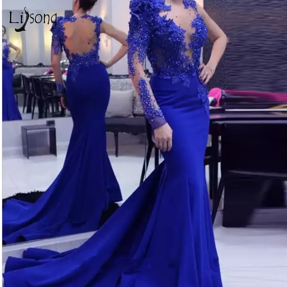 

Elegant Royal Blue Mermaid Evening Dresses 2019 With Full Sleeves 3D Flower Lace Beaded Long Prom Gowns Illusion Back Abiye