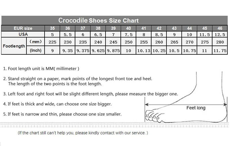 Crocodile Shoes size chart