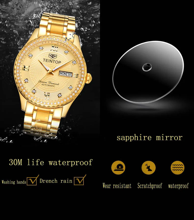 TEINTOP модные автоматические женские часы, золотые полностью стальные механические часы с бриллиантами, женское платье, relojes femeninos