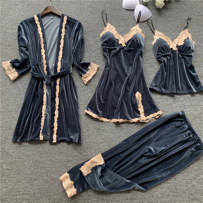 

Gold Velvet Pajamas Set For Women 4 Pieces Autumn Suit Home Clothes Femme Sexy Robe Pijamas Pants Sleepwear Bathrobe Nightwear