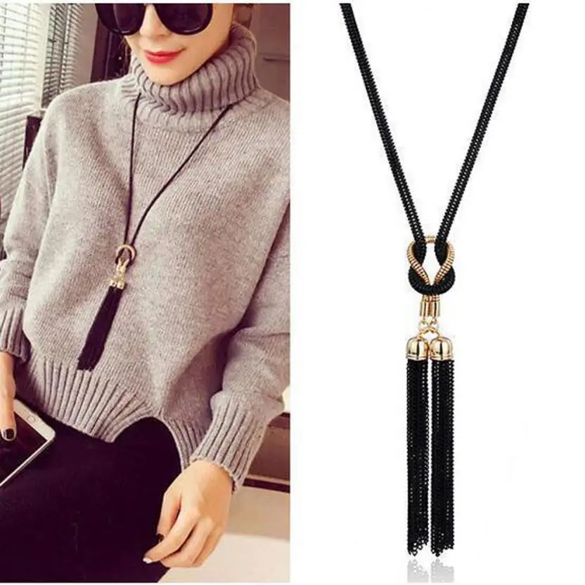 

Luxury Black Tassel Pendant Gold Necklace Long For Women Exquisite Sweater Chain Necklace Delicate Necklaces & Pendants gifts