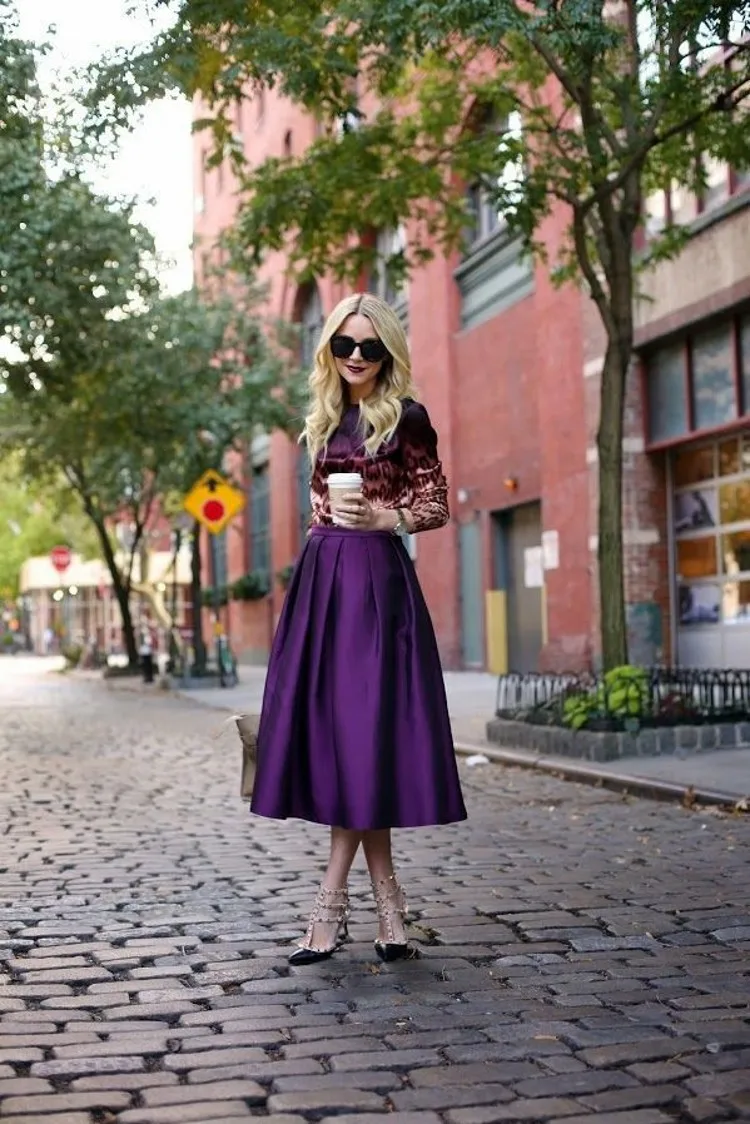 Autumn Purple Satin Skirt With Pockets High Waist Tea Length Midi Skirt For Women Fashion Bridesmaid Party Skirts