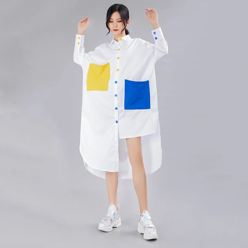  [EAM] 2020 New Spring Autumn Lapel Long Sleeve Panelled Button Pocket Split Loose Big Size Shirt Wo