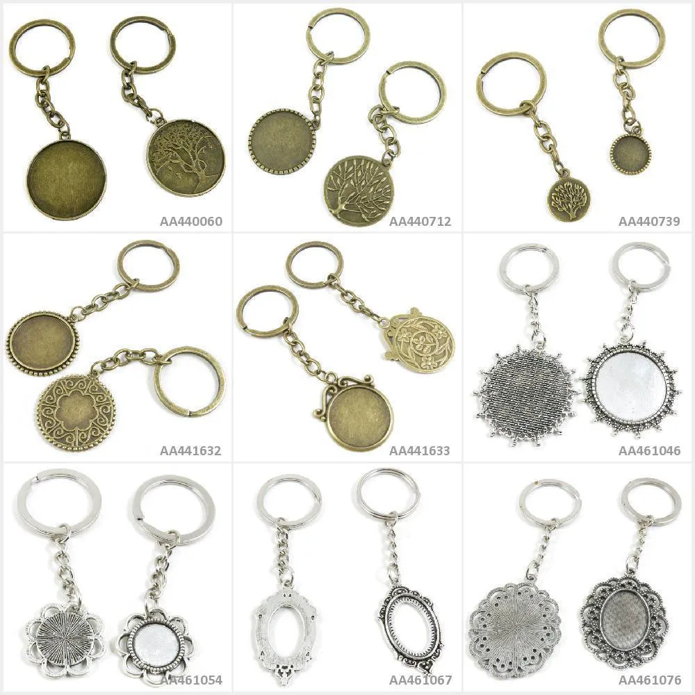 

Antique Bronze Silver Tone Keychain Keyring Keytag Oval Cabochon Base Blank Round Oak Frame Blanks Life String Tree Key Chain