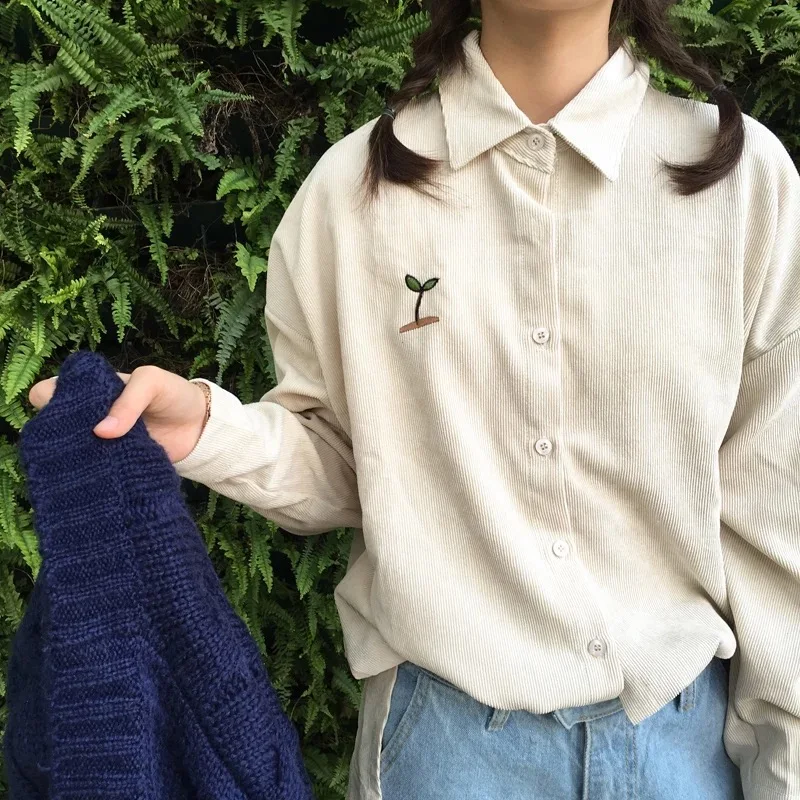 

2019 Kawaii Women Vintage Solid Color Embroidery Corduroy Long-Sleeve Shirt Female Korean Harajuku Retro Shirts And Top