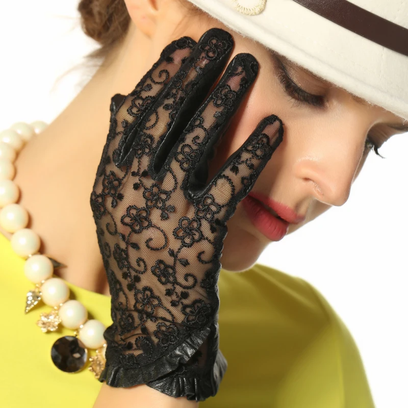 2019 New Genuine Leather Women Gloves Female Lace Sheepskin Gloves Unlined Fashion Trend Summer Sunscreen Mittens L095N-1