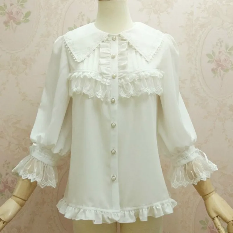 

2019 Sweet Lolita Blouse Pointed Peter Pan Collar Lantern Sleeve Shirt for Women