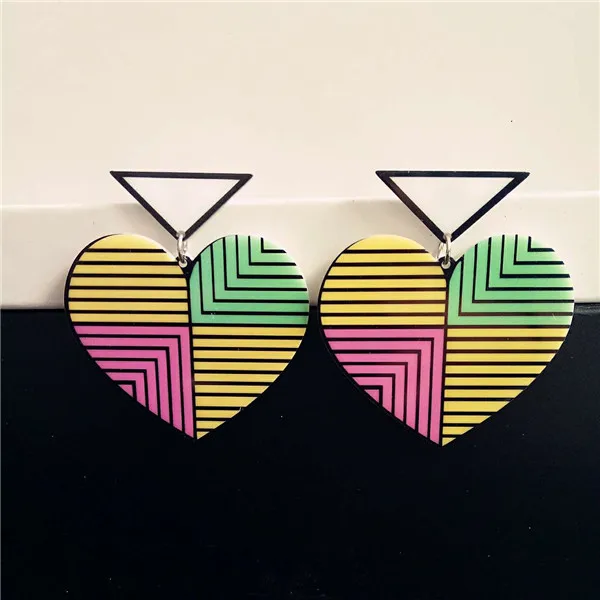 Lovely girl fashion big hanging jewelry brinco grande stripe triangle heart earrings acrylic